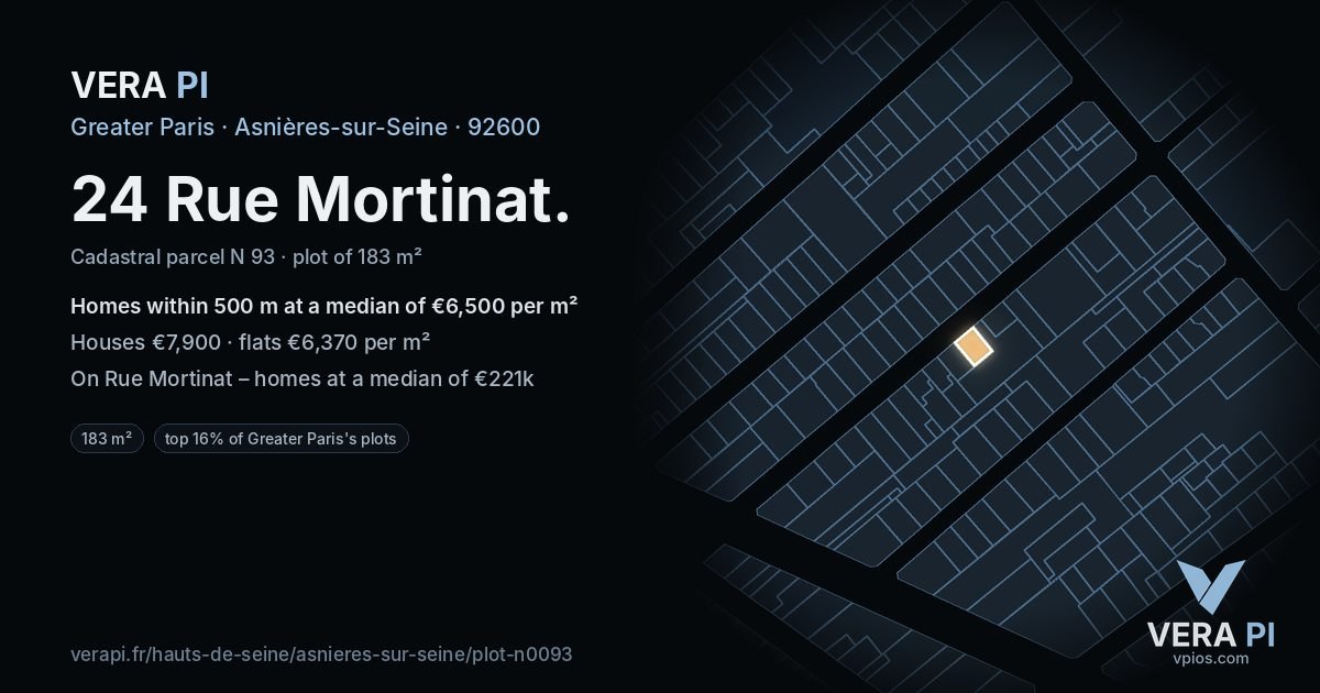 24 Rue Mortinat, Asnières-sur-Seine at night – the plot lit, the parcels around coloured by the prices near them