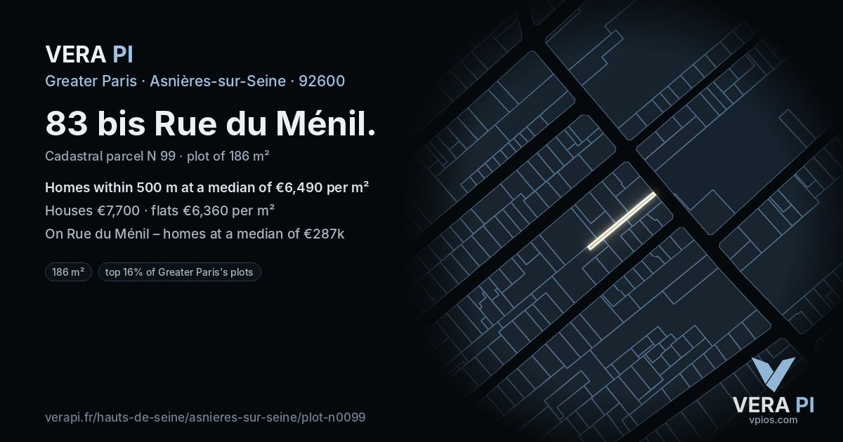 83 bis Rue du Ménil, Asnières-sur-Seine at night – the plot lit, the parcels around coloured by the prices near them