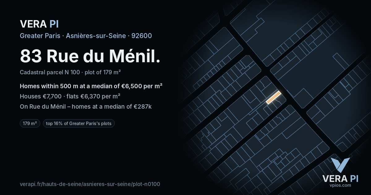 83 Rue du Ménil, Asnières-sur-Seine at night – the plot lit, the parcels around coloured by the prices near them