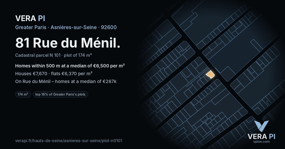 81 Rue du Ménil, Asnières-sur-Seine at night – the plot lit, the parcels around coloured by the prices near them