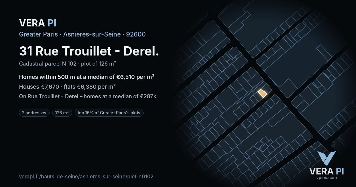 31 Rue Trouillet - Derel, Asnières-sur-Seine at night – the plot lit, the parcels around coloured by the prices near them