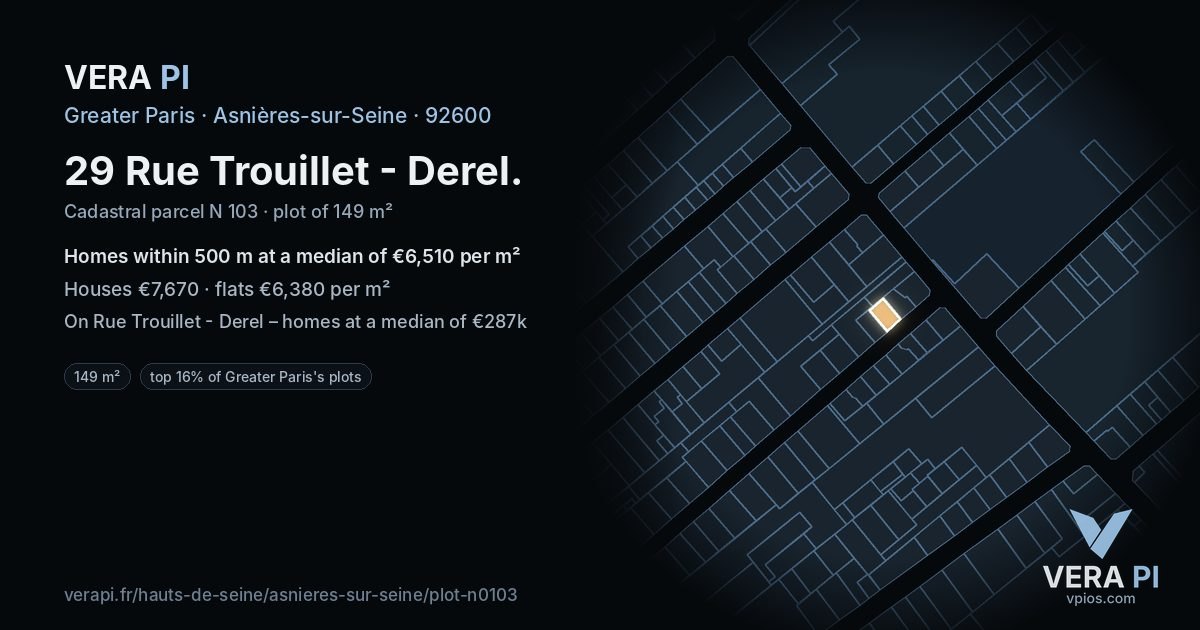 29 Rue Trouillet - Derel, Asnières-sur-Seine at night – the plot lit, the parcels around coloured by the prices near them