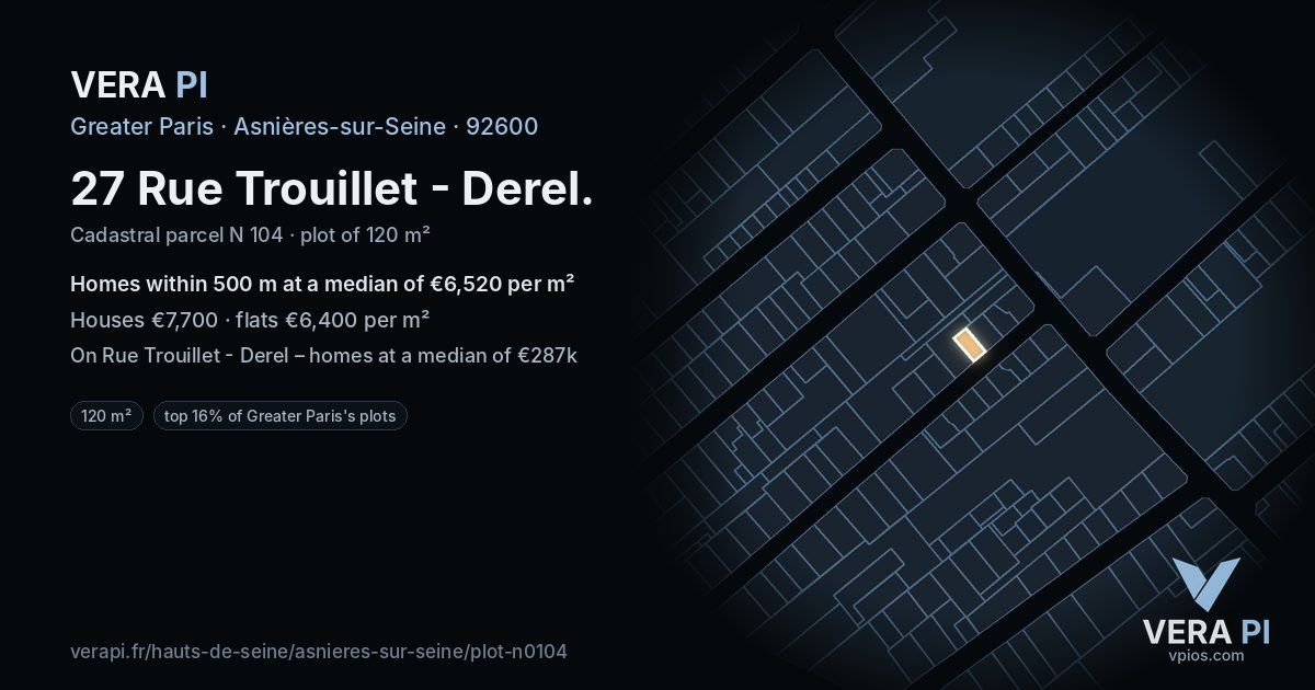 27 Rue Trouillet - Derel, Asnières-sur-Seine at night – the plot lit, the parcels around coloured by the prices near them