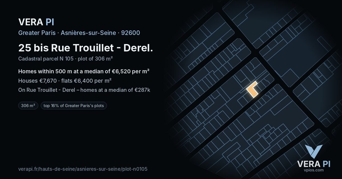 25 bis Rue Trouillet - Derel, Asnières-sur-Seine at night – the plot lit, the parcels around coloured by the prices near them