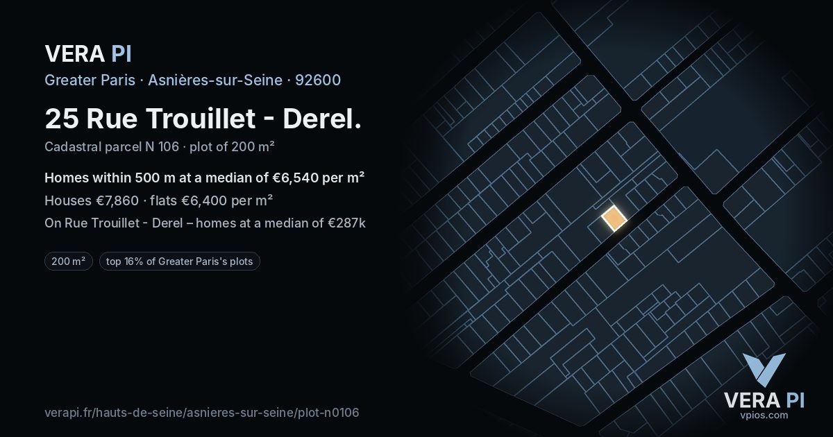 25 Rue Trouillet - Derel, Asnières-sur-Seine at night – the plot lit, the parcels around coloured by the prices near them