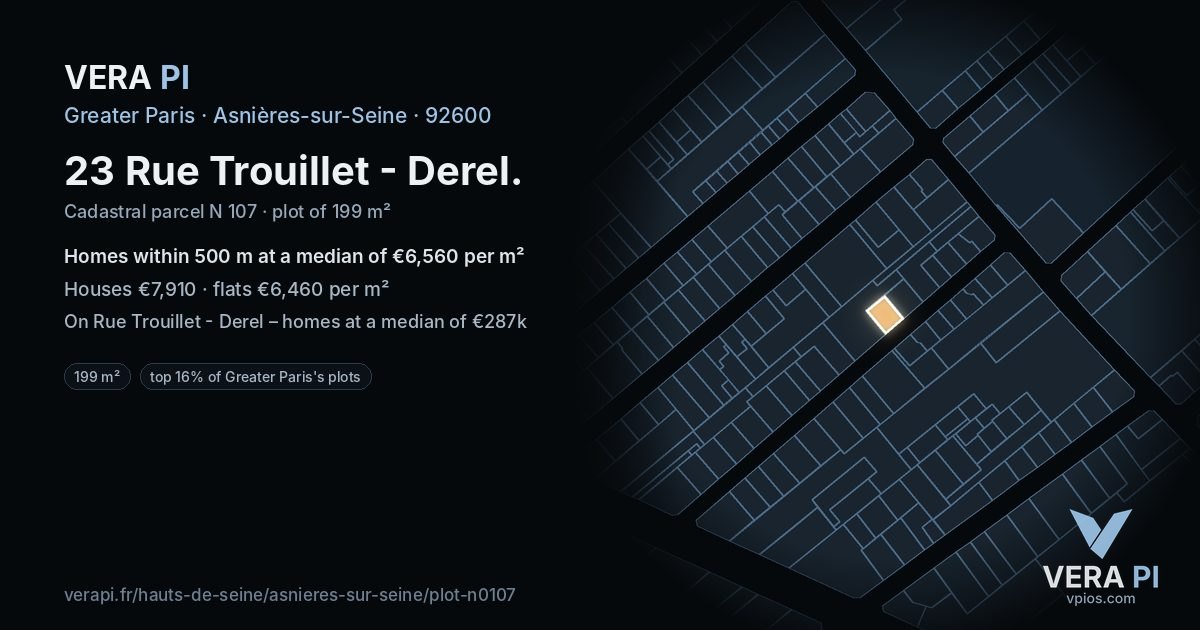 23 Rue Trouillet - Derel, Asnières-sur-Seine at night – the plot lit, the parcels around coloured by the prices near them