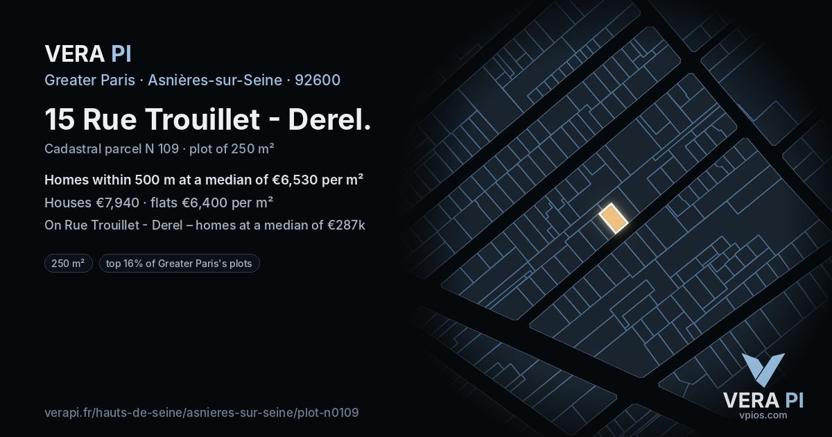 15 Rue Trouillet - Derel, Asnières-sur-Seine at night – the plot lit, the parcels around coloured by the prices near them