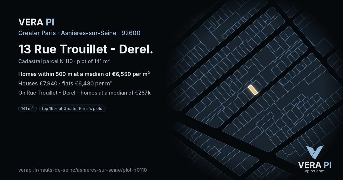 13 Rue Trouillet - Derel, Asnières-sur-Seine at night – the plot lit, the parcels around coloured by the prices near them