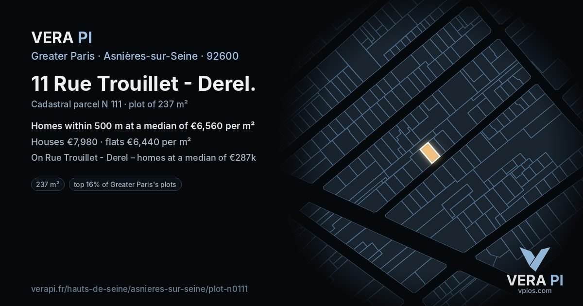 11 Rue Trouillet - Derel, Asnières-sur-Seine at night – the plot lit, the parcels around coloured by the prices near them