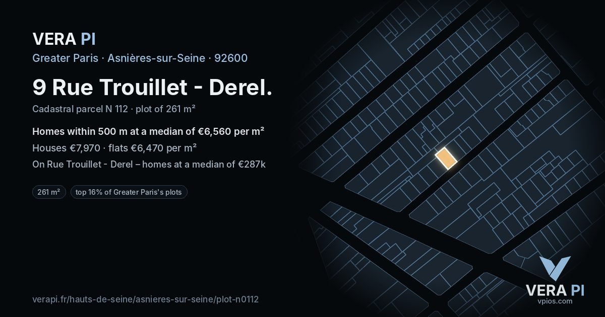 9 Rue Trouillet - Derel, Asnières-sur-Seine at night – the plot lit, the parcels around coloured by the prices near them