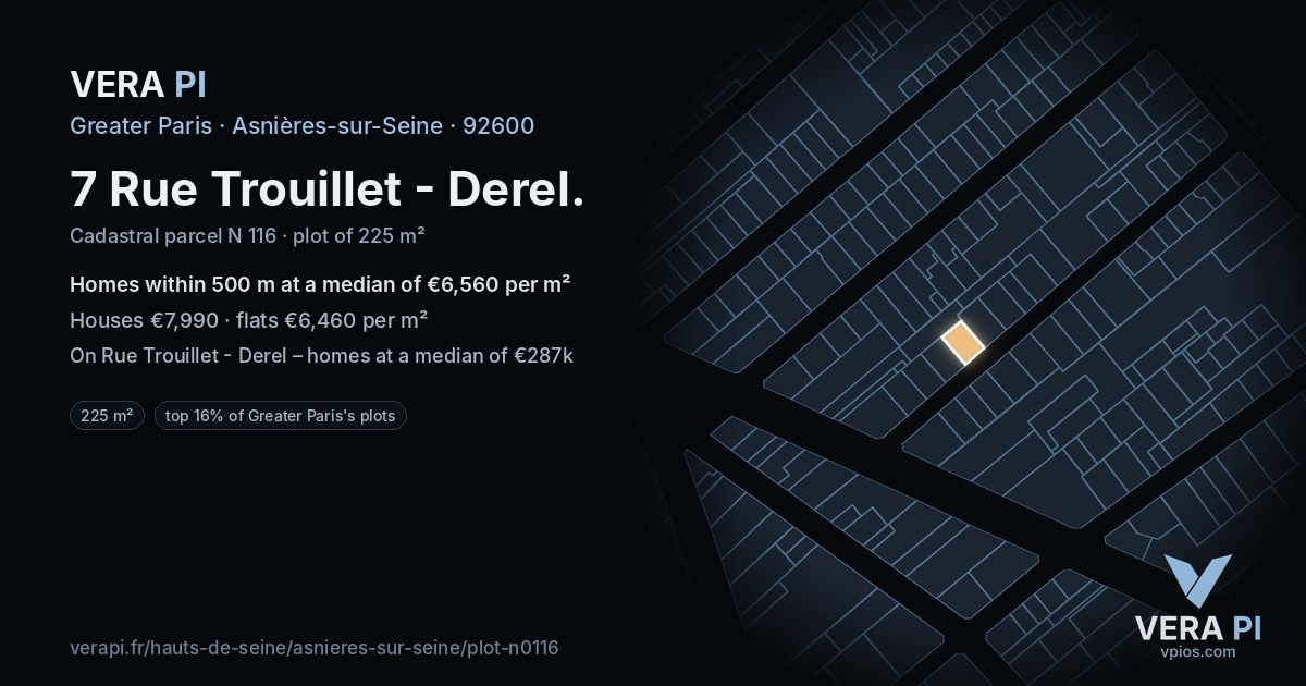 7 Rue Trouillet - Derel, Asnières-sur-Seine at night – the plot lit, the parcels around coloured by the prices near them
