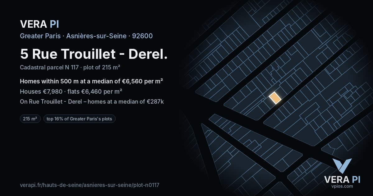 5 Rue Trouillet - Derel, Asnières-sur-Seine at night – the plot lit, the parcels around coloured by the prices near them