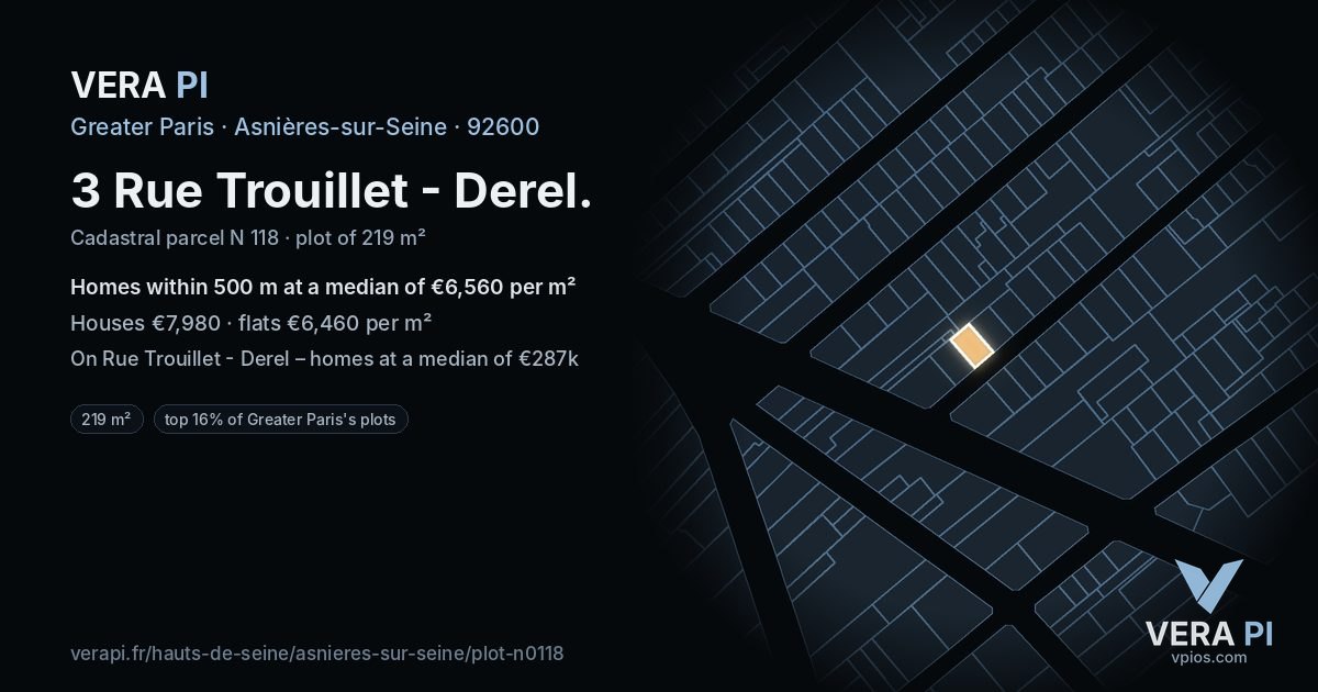 3 Rue Trouillet - Derel, Asnières-sur-Seine at night – the plot lit, the parcels around coloured by the prices near them