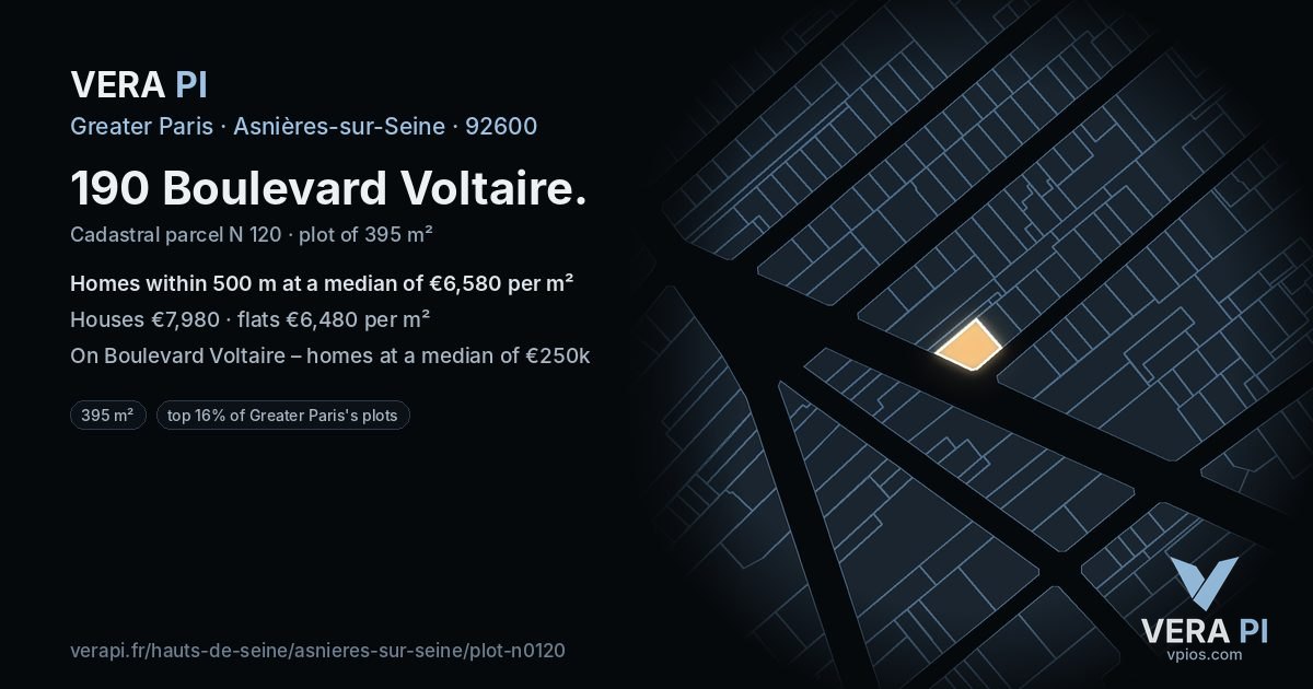 190 Boulevard Voltaire, Asnières-sur-Seine at night – the plot lit, the parcels around coloured by the prices near them