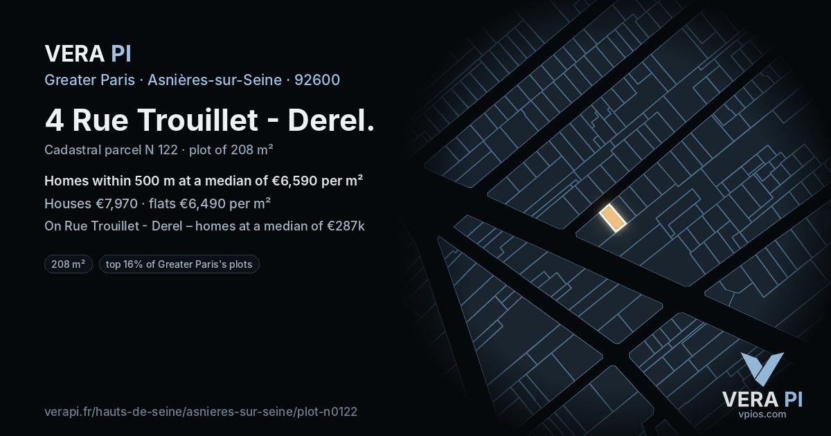 4 Rue Trouillet - Derel, Asnières-sur-Seine at night – the plot lit, the parcels around coloured by the prices near them