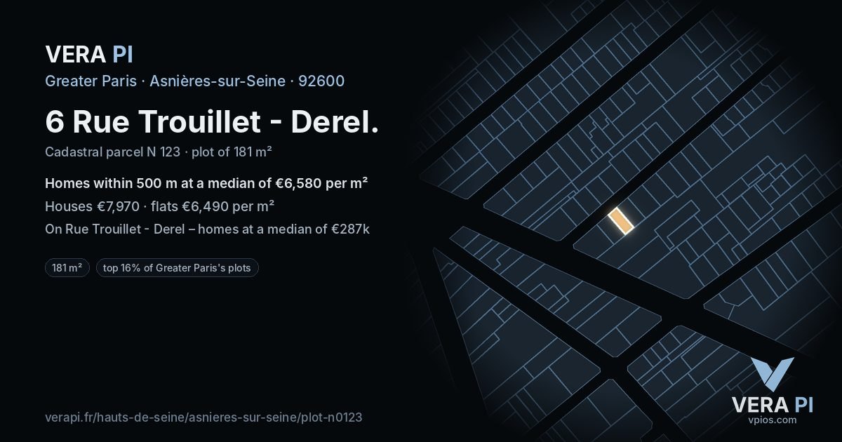 6 Rue Trouillet - Derel, Asnières-sur-Seine at night – the plot lit, the parcels around coloured by the prices near them