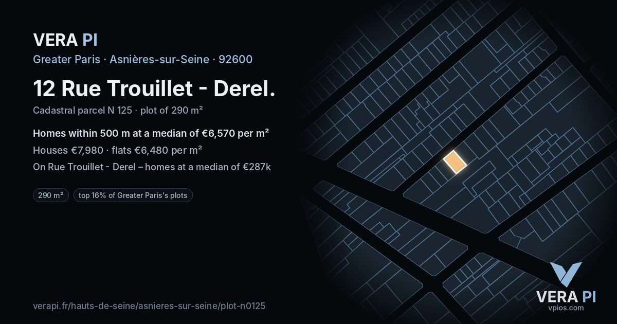 12 Rue Trouillet - Derel, Asnières-sur-Seine at night – the plot lit, the parcels around coloured by the prices near them
