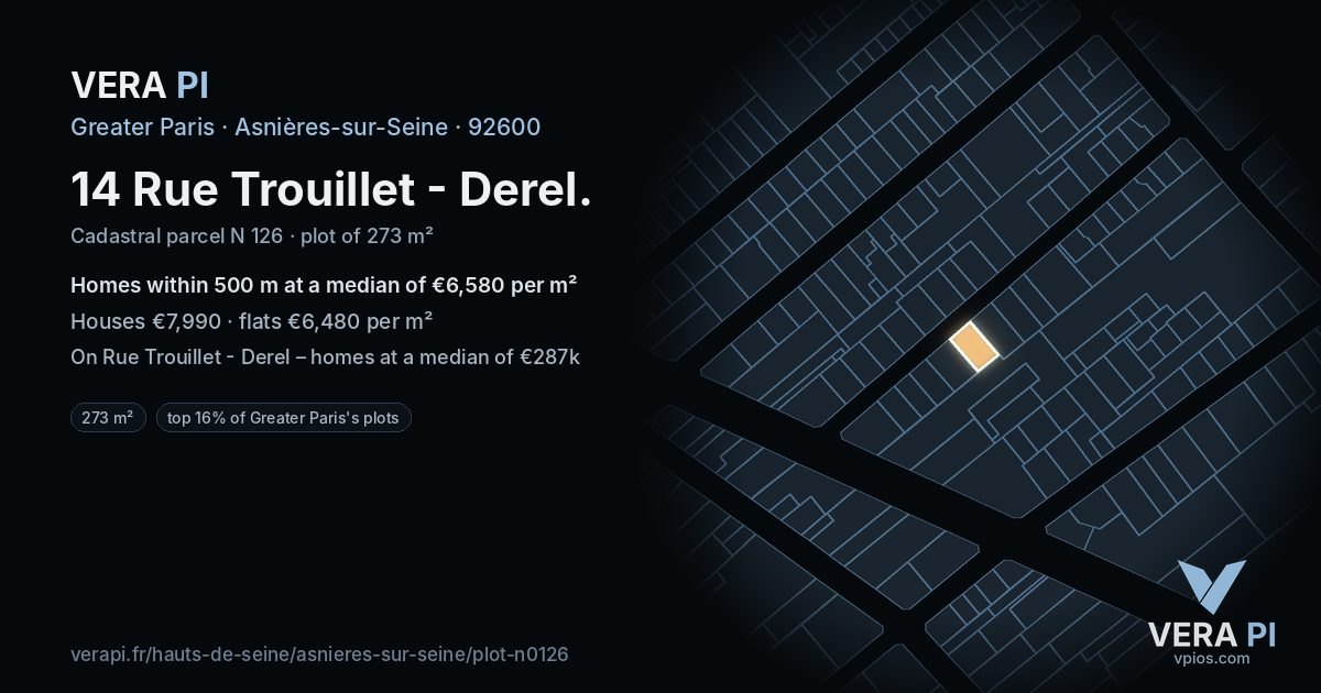 14 Rue Trouillet - Derel, Asnières-sur-Seine at night – the plot lit, the parcels around coloured by the prices near them