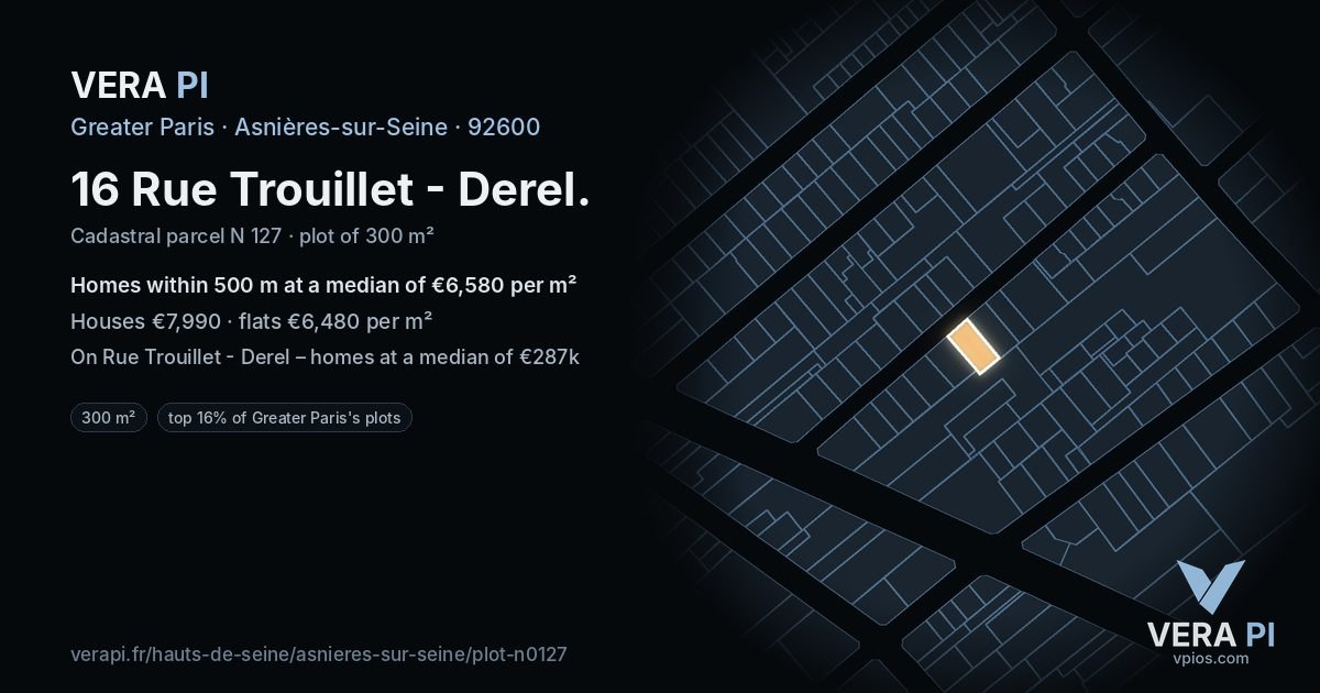 16 Rue Trouillet - Derel, Asnières-sur-Seine at night – the plot lit, the parcels around coloured by the prices near them