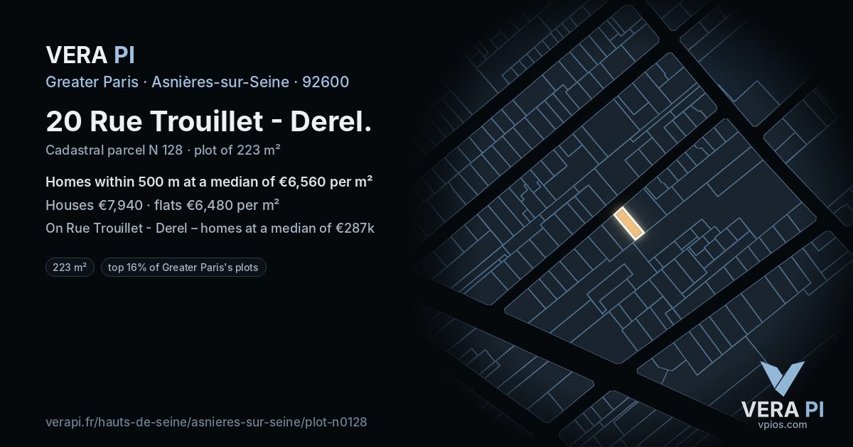20 Rue Trouillet - Derel, Asnières-sur-Seine at night – the plot lit, the parcels around coloured by the prices near them