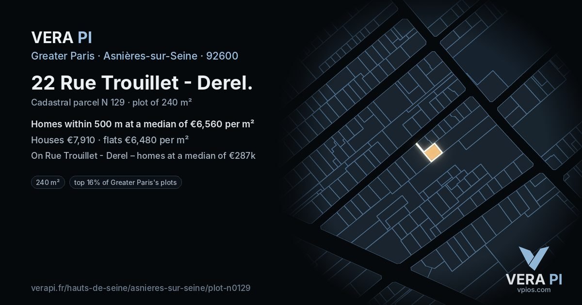 22 Rue Trouillet - Derel, Asnières-sur-Seine at night – the plot lit, the parcels around coloured by the prices near them