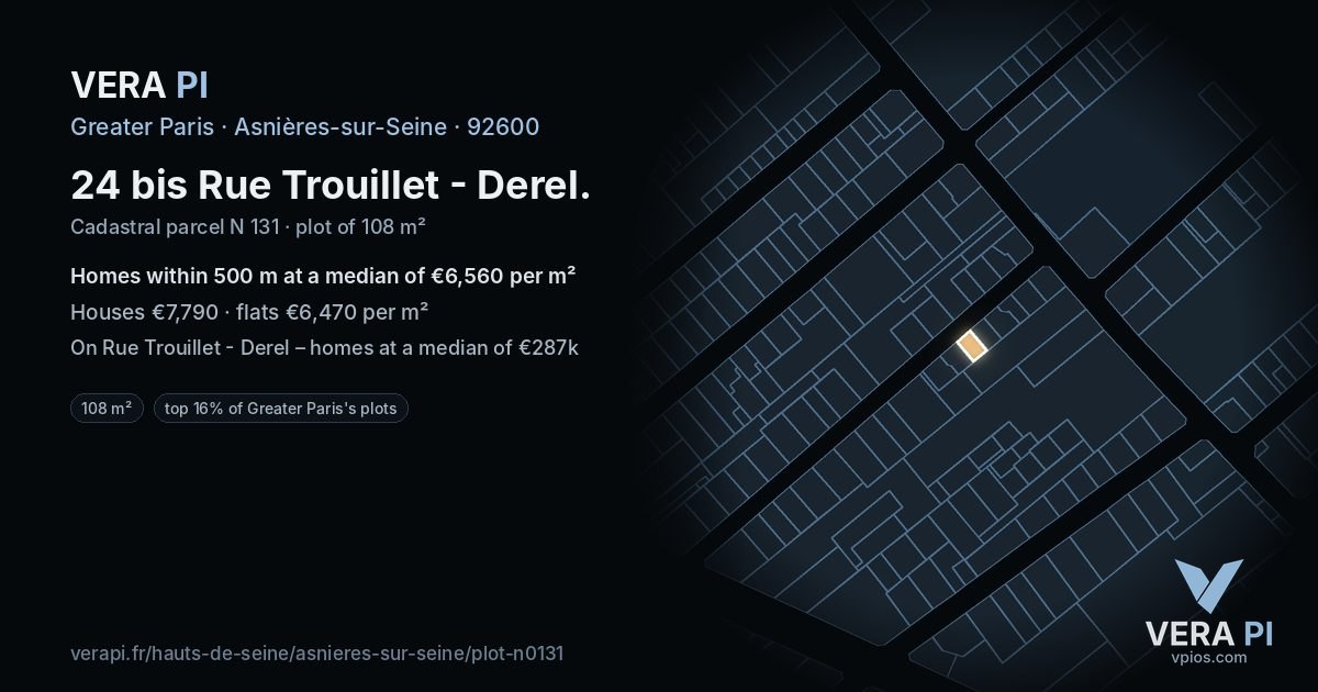 24 bis Rue Trouillet - Derel, Asnières-sur-Seine at night – the plot lit, the parcels around coloured by the prices near them