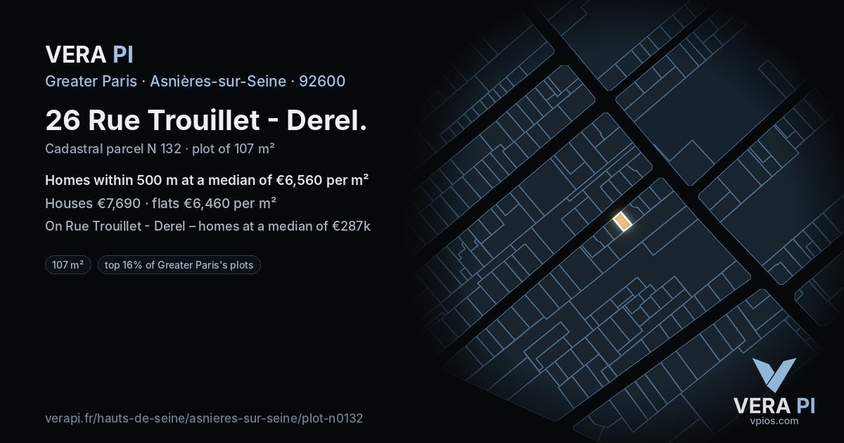 26 Rue Trouillet - Derel, Asnières-sur-Seine at night – the plot lit, the parcels around coloured by the prices near them