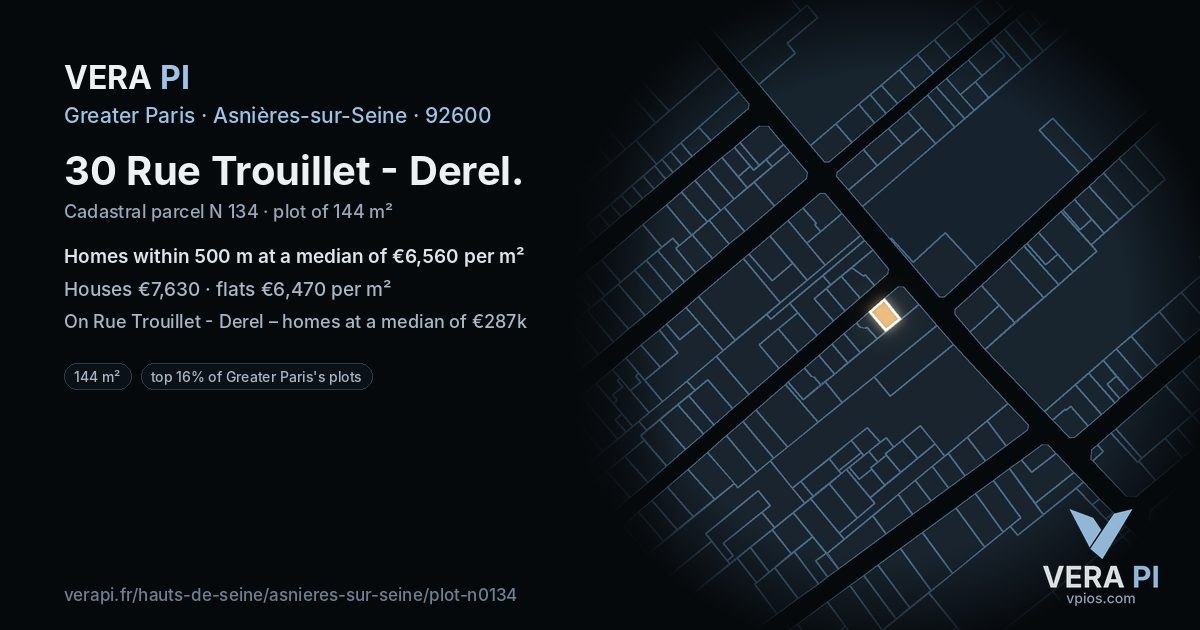 30 Rue Trouillet - Derel, Asnières-sur-Seine at night – the plot lit, the parcels around coloured by the prices near them