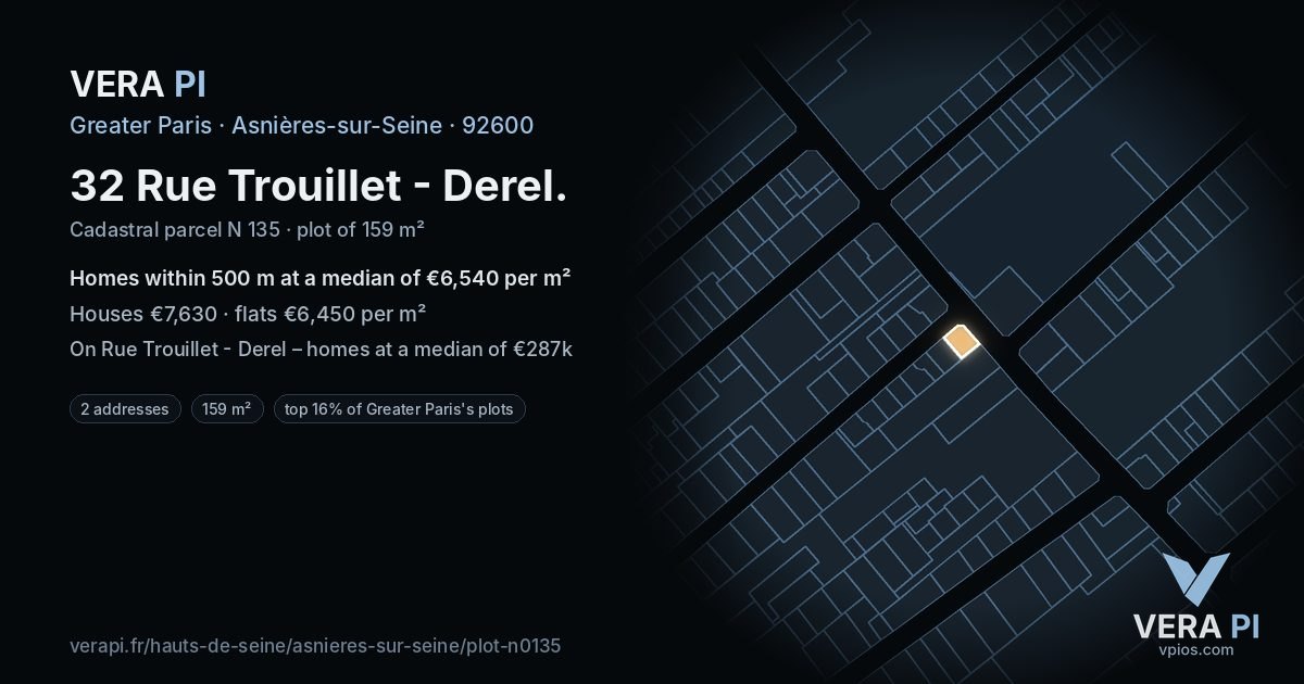 32 Rue Trouillet - Derel, Asnières-sur-Seine at night – the plot lit, the parcels around coloured by the prices near them