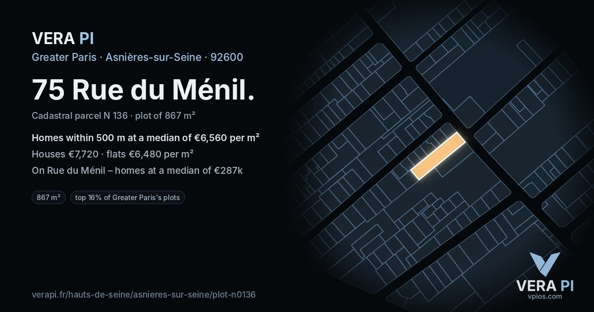 75 Rue du Ménil, Asnières-sur-Seine at night – the plot lit, the parcels around coloured by the prices near them