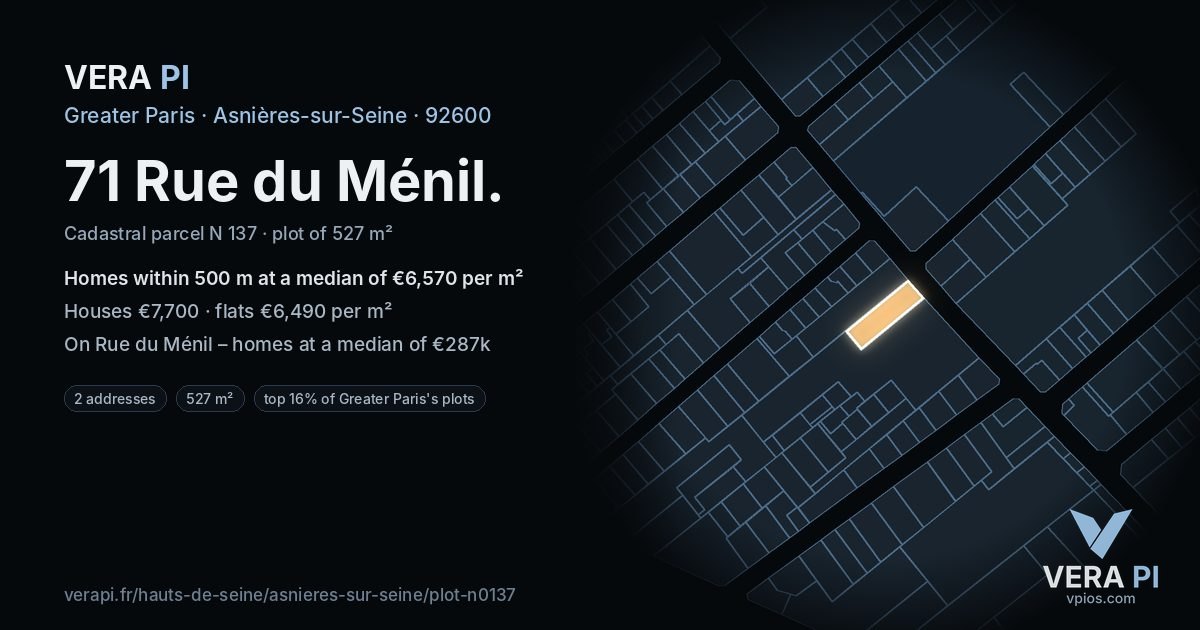 71 Rue du Ménil, Asnières-sur-Seine at night – the plot lit, the parcels around coloured by the prices near them