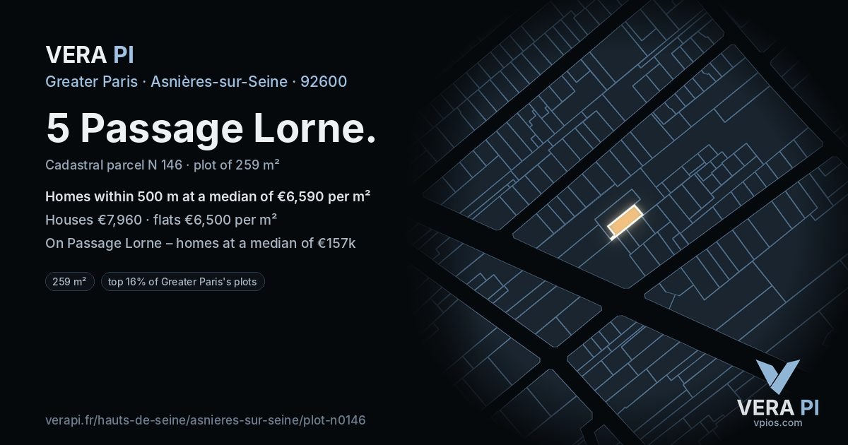 5 Passage Lorne, Asnières-sur-Seine at night – the plot lit, the parcels around coloured by the prices near them