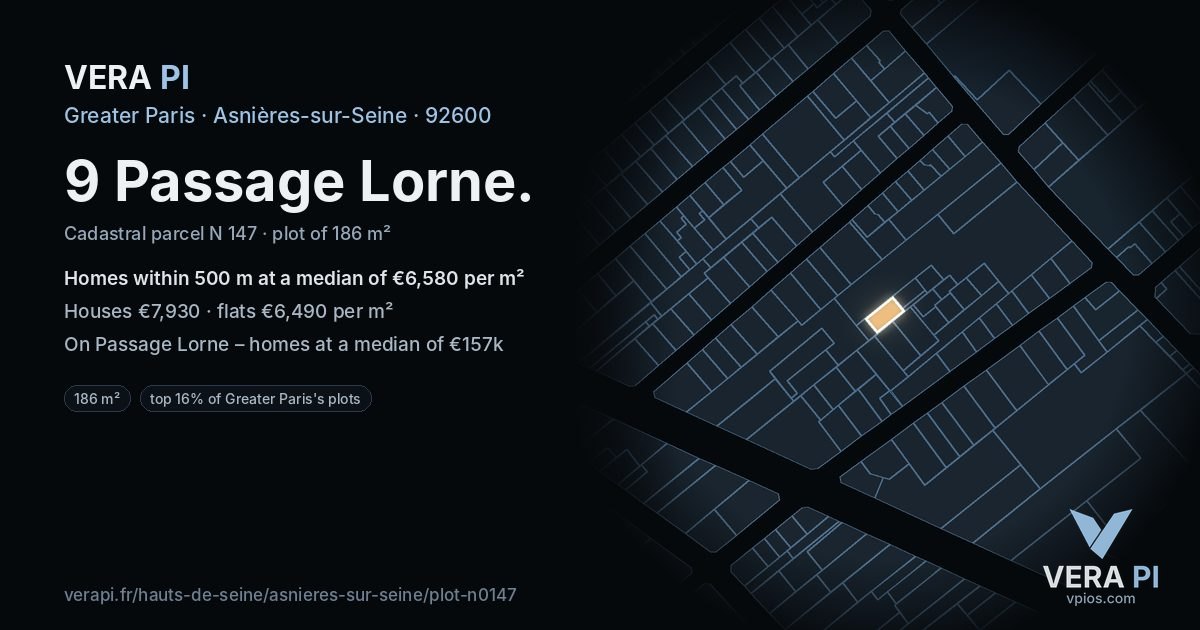 9 Passage Lorne, Asnières-sur-Seine at night – the plot lit, the parcels around coloured by the prices near them