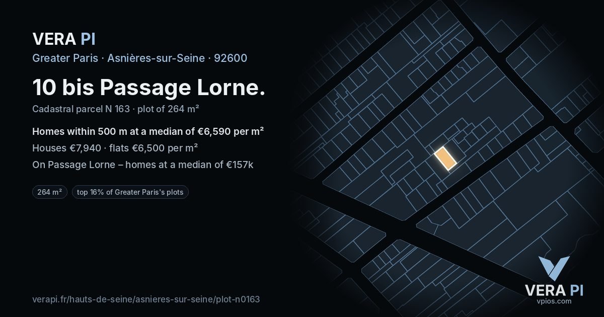 10 bis Passage Lorne, Asnières-sur-Seine at night – the plot lit, the parcels around coloured by the prices near them