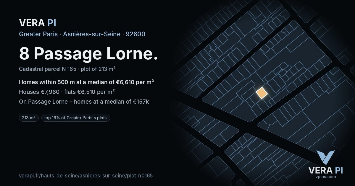 8 Passage Lorne, Asnières-sur-Seine at night – the plot lit, the parcels around coloured by the prices near them