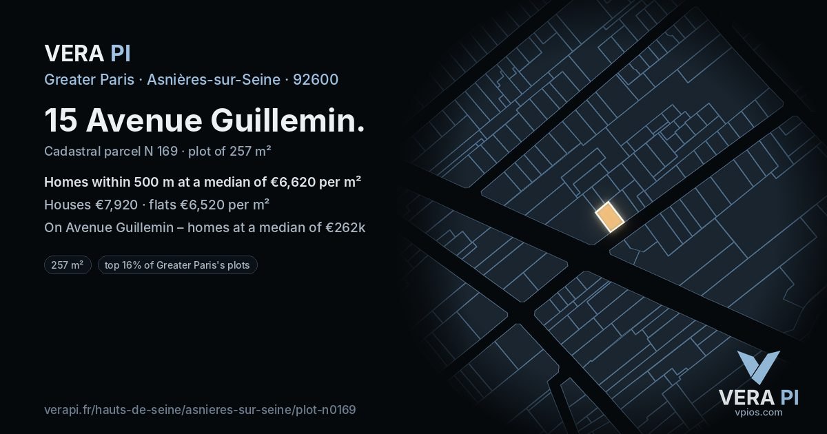 15 Avenue Guillemin, Asnières-sur-Seine at night – the plot lit, the parcels around coloured by the prices near them