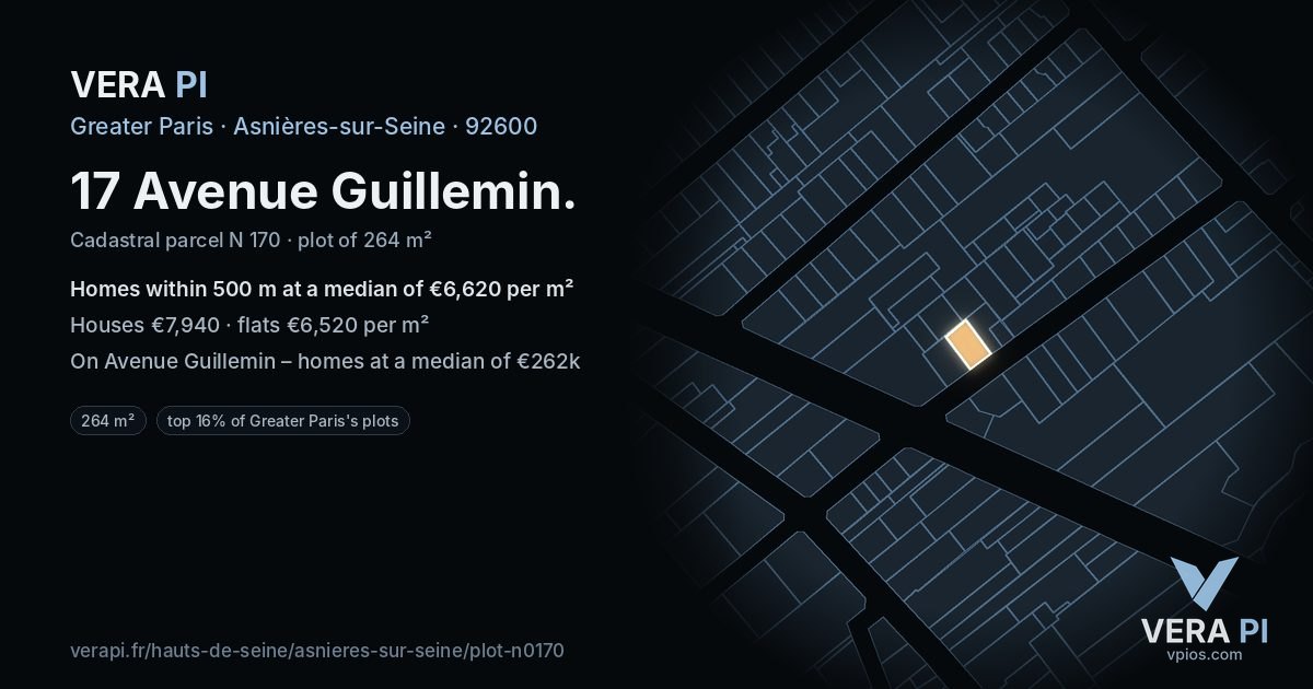 17 Avenue Guillemin, Asnières-sur-Seine at night – the plot lit, the parcels around coloured by the prices near them