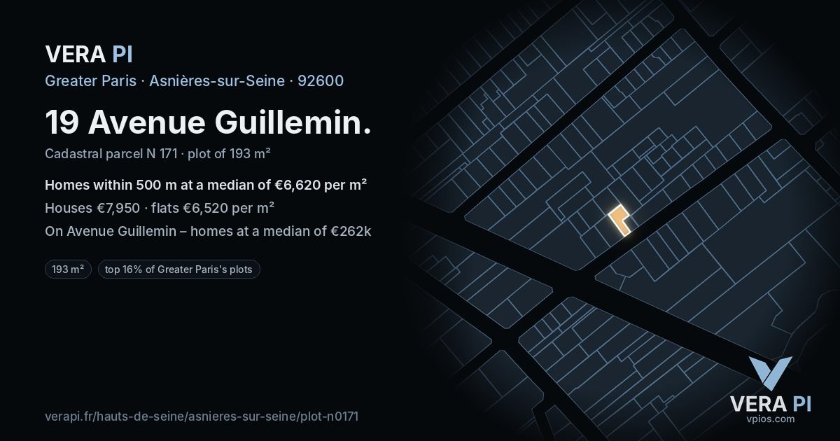 19 Avenue Guillemin, Asnières-sur-Seine at night – the plot lit, the parcels around coloured by the prices near them