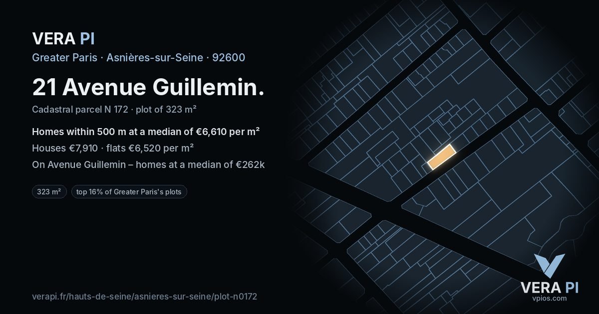 21 Avenue Guillemin, Asnières-sur-Seine at night – the plot lit, the parcels around coloured by the prices near them
