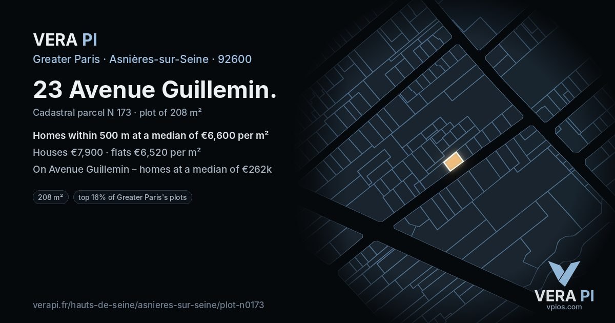 23 Avenue Guillemin, Asnières-sur-Seine at night – the plot lit, the parcels around coloured by the prices near them