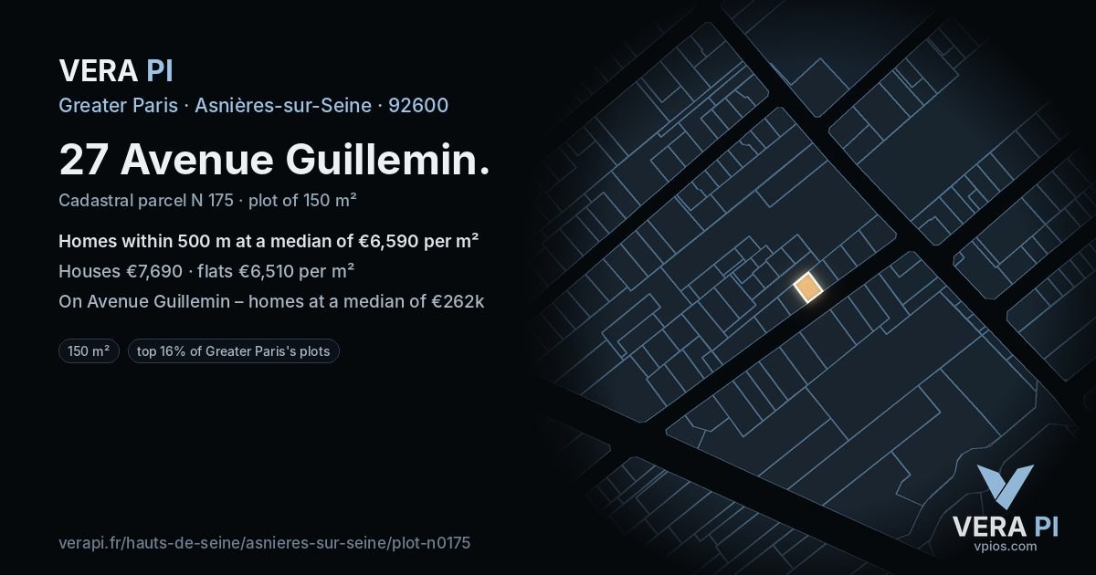 27 Avenue Guillemin, Asnières-sur-Seine at night – the plot lit, the parcels around coloured by the prices near them