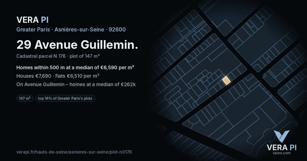 29 Avenue Guillemin, Asnières-sur-Seine at night – the plot lit, the parcels around coloured by the prices near them
