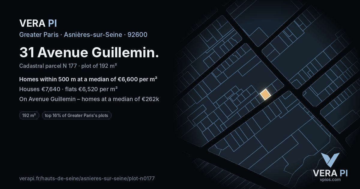 31 Avenue Guillemin, Asnières-sur-Seine at night – the plot lit, the parcels around coloured by the prices near them