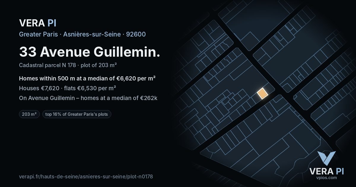 33 Avenue Guillemin, Asnières-sur-Seine at night – the plot lit, the parcels around coloured by the prices near them