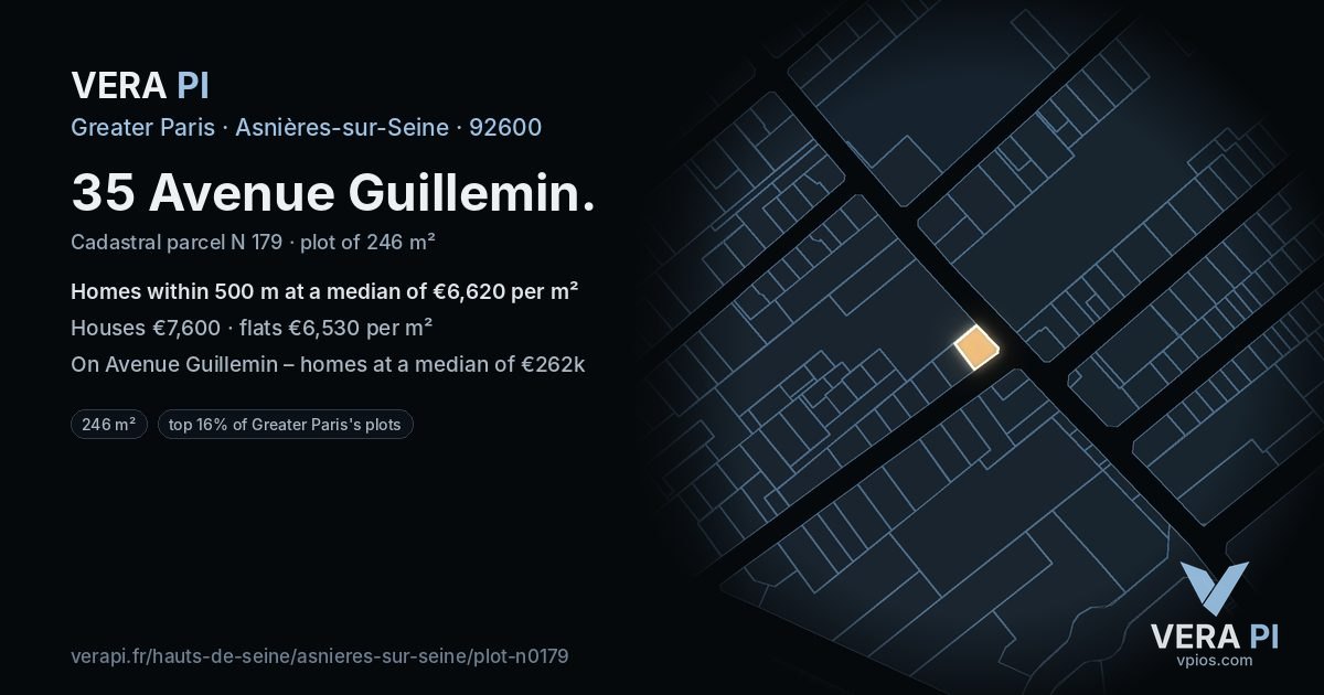 35 Avenue Guillemin, Asnières-sur-Seine at night – the plot lit, the parcels around coloured by the prices near them
