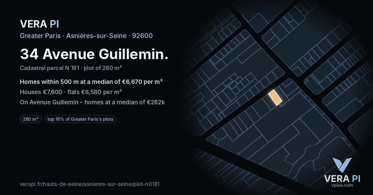 34 Avenue Guillemin, Asnières-sur-Seine at night – the plot lit, the parcels around coloured by the prices near them