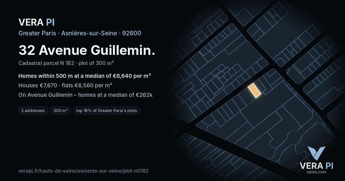 32 Avenue Guillemin, Asnières-sur-Seine at night – the plot lit, the parcels around coloured by the prices near them