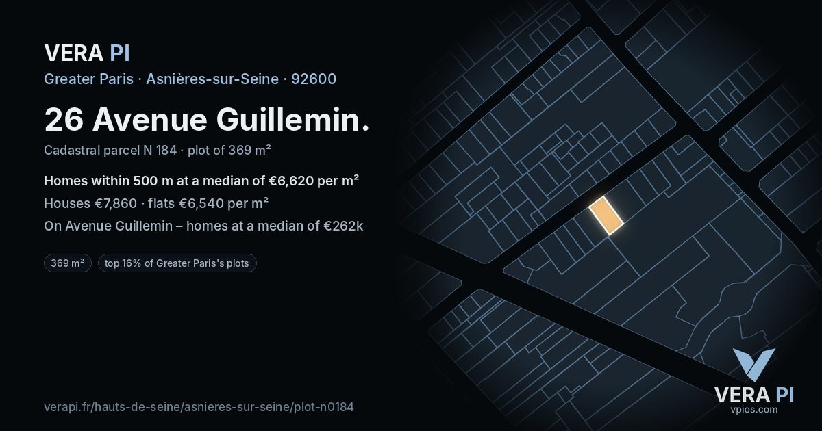 26 Avenue Guillemin, Asnières-sur-Seine at night – the plot lit, the parcels around coloured by the prices near them