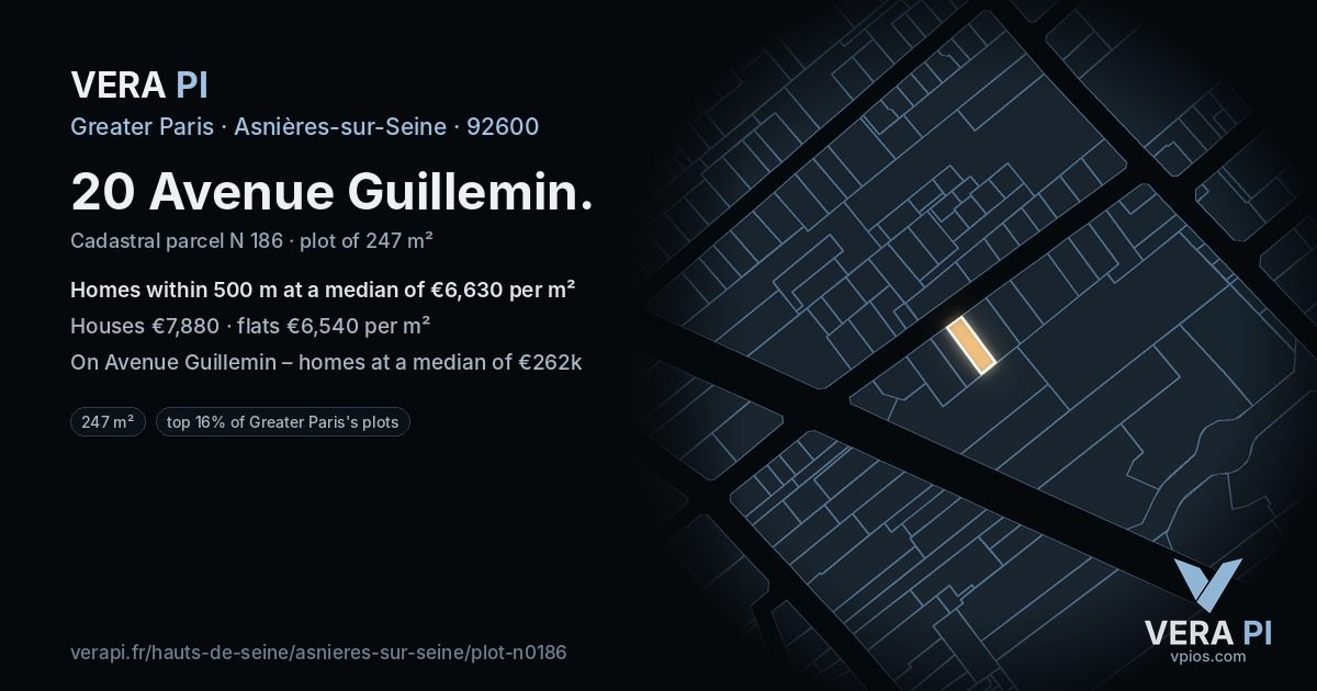 20 Avenue Guillemin, Asnières-sur-Seine at night – the plot lit, the parcels around coloured by the prices near them