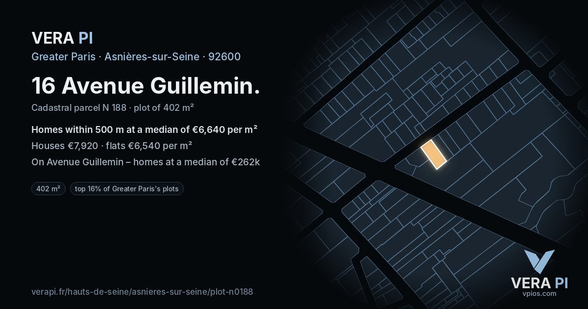 16 Avenue Guillemin, Asnières-sur-Seine at night – the plot lit, the parcels around coloured by the prices near them